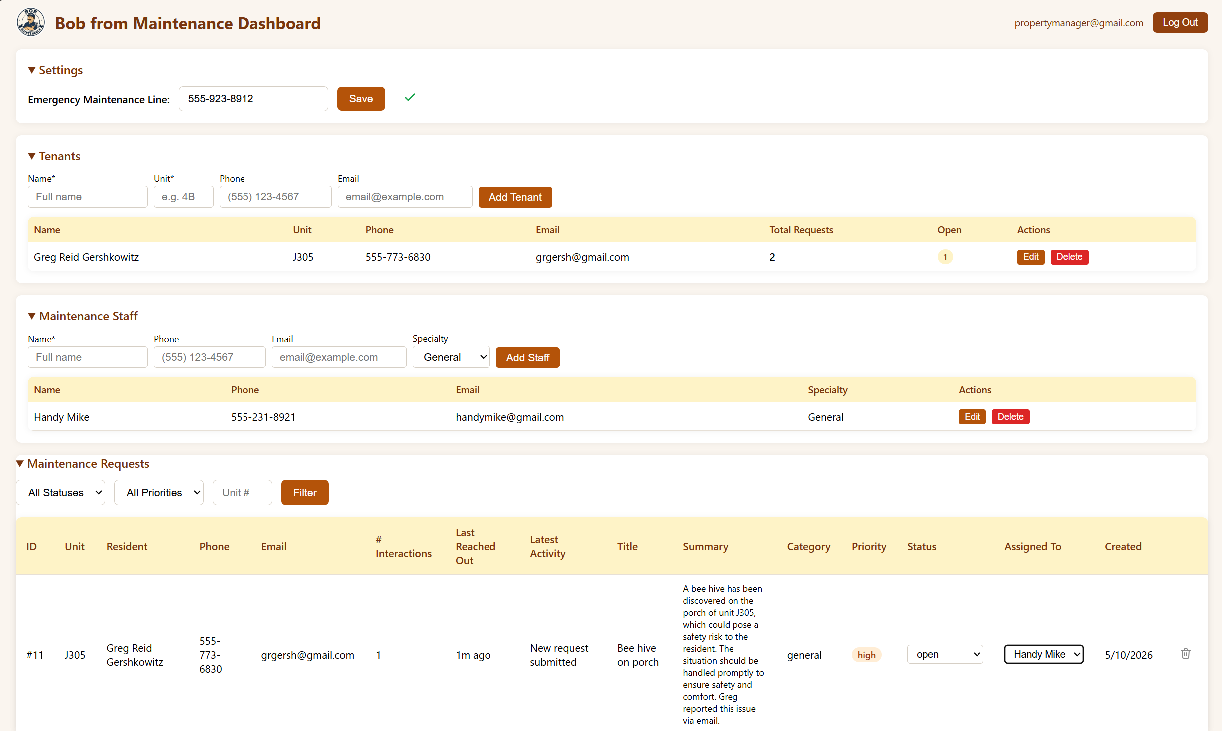 Management dashboard